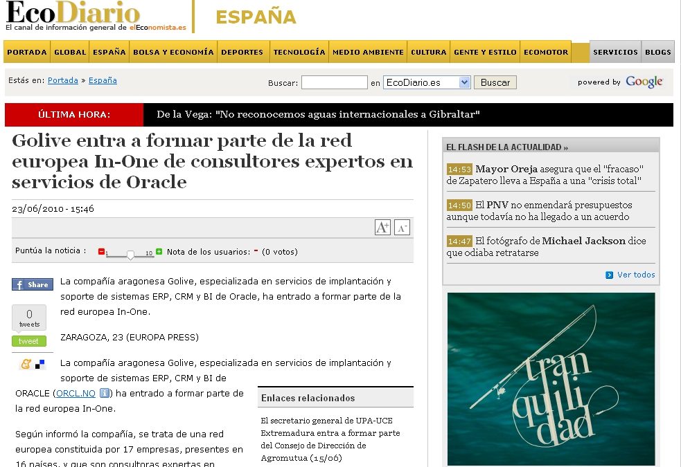 Ecodiario recogo la noticia de la inclusión de Golive en InOne